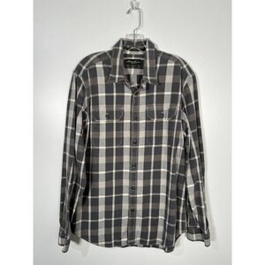 Eddie Bauer Grey White Plaid Flannel Button Down Cotton Shirt Men's Large